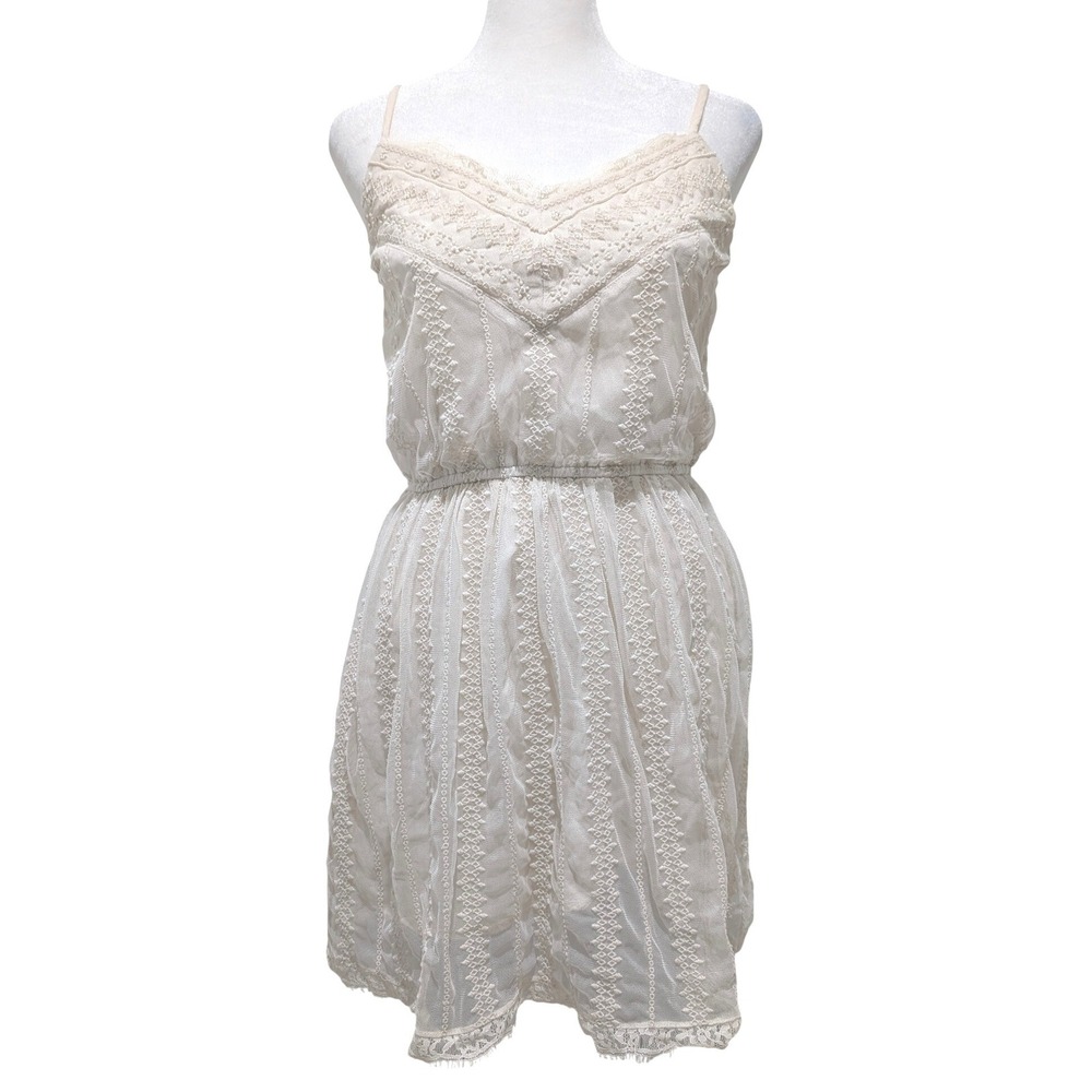 Cream Lace Beaded Boho Mini Dress V-Neck Mesh S Fairy‎ Romantic Balletcore A&F